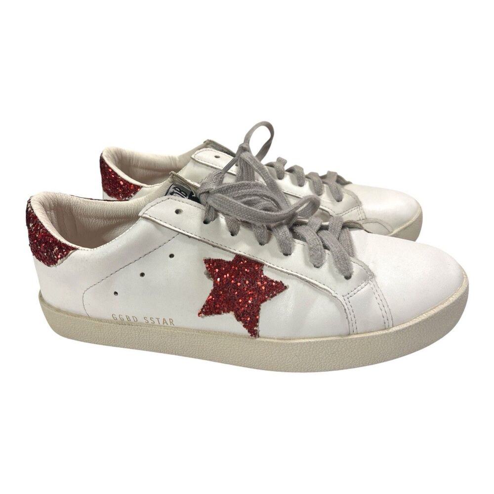 Golden Goose GGDB Super-Star Sneakers Womens 40 White Leather Red Glitter Italy